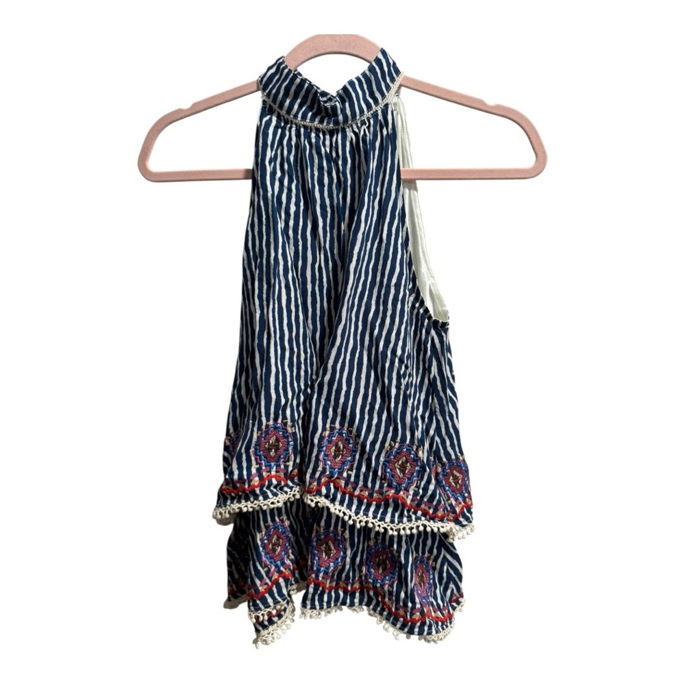 THML Blue and White Embroidered Patterned Top,‎ Size Small